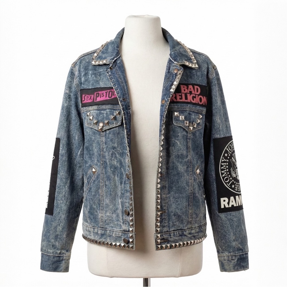 Michael Charles for Cooper Punk Rock DIY Acid Wash Denim Studded Band Jacket 44